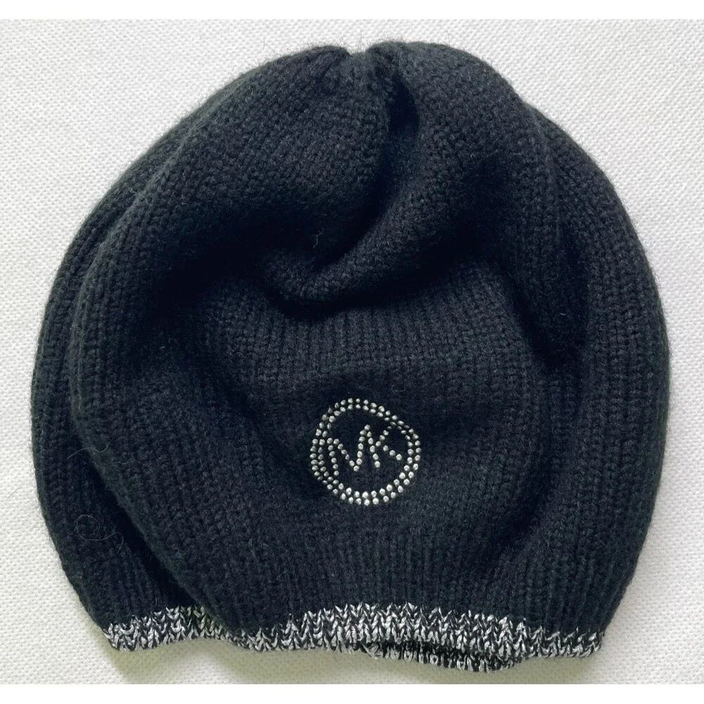 MICHAEL Michael Kors Black Silver Rhinestone MK Logo Slouch Knit Beanie Hat OS
